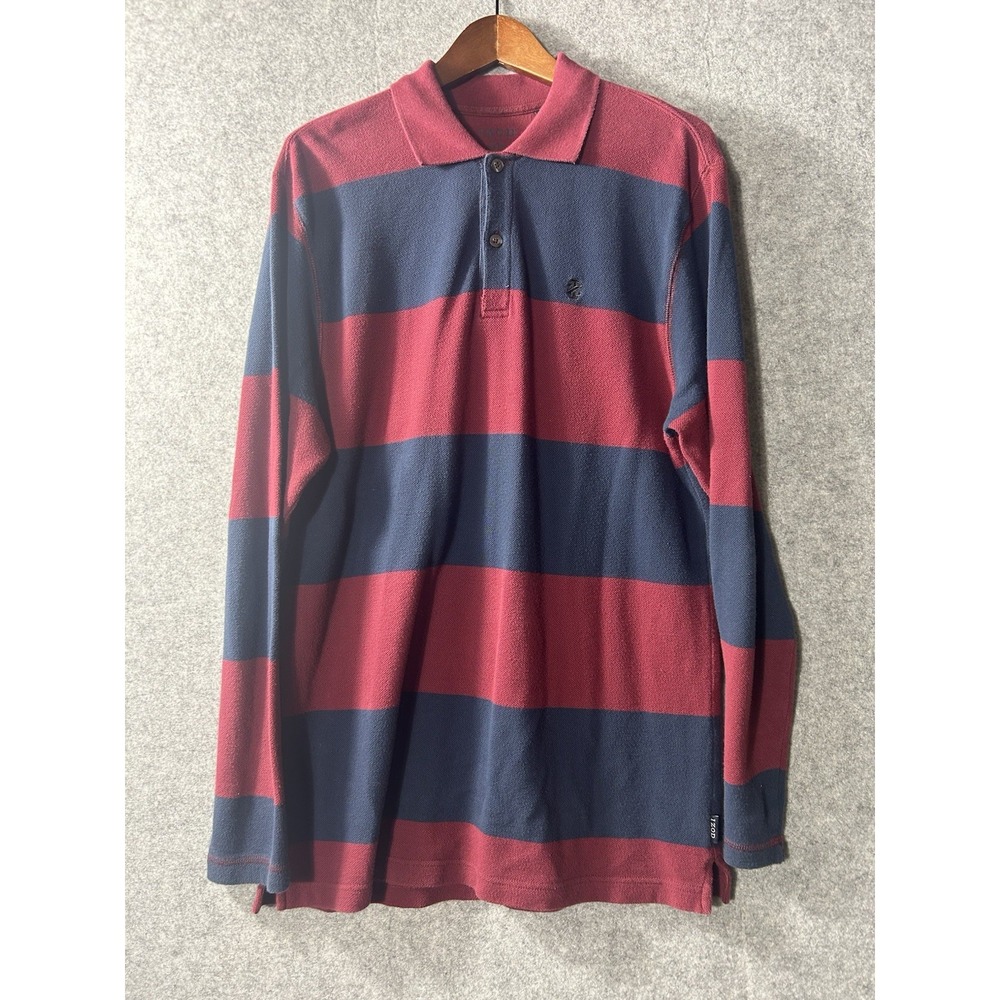 IZOD Jeans Men's M Rugby Polo Shirt Red Navy Stripe Long Sleeve 100% Cotton VTG